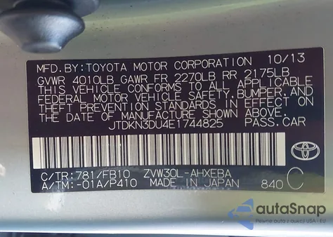 2014 Toyota Prius Two from USA, damaged, VIN JTDKN3DU4E1744825